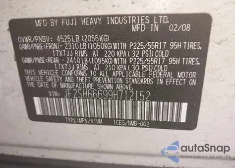 2009 Subaru Forester 2.5Xt Limited from USA, damaged, VIN JF2SH66699H712152